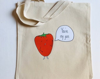 You’re My Jam + heavy duty reusable canvas grocery shopping tote book bag funny food pun + 15”x16”