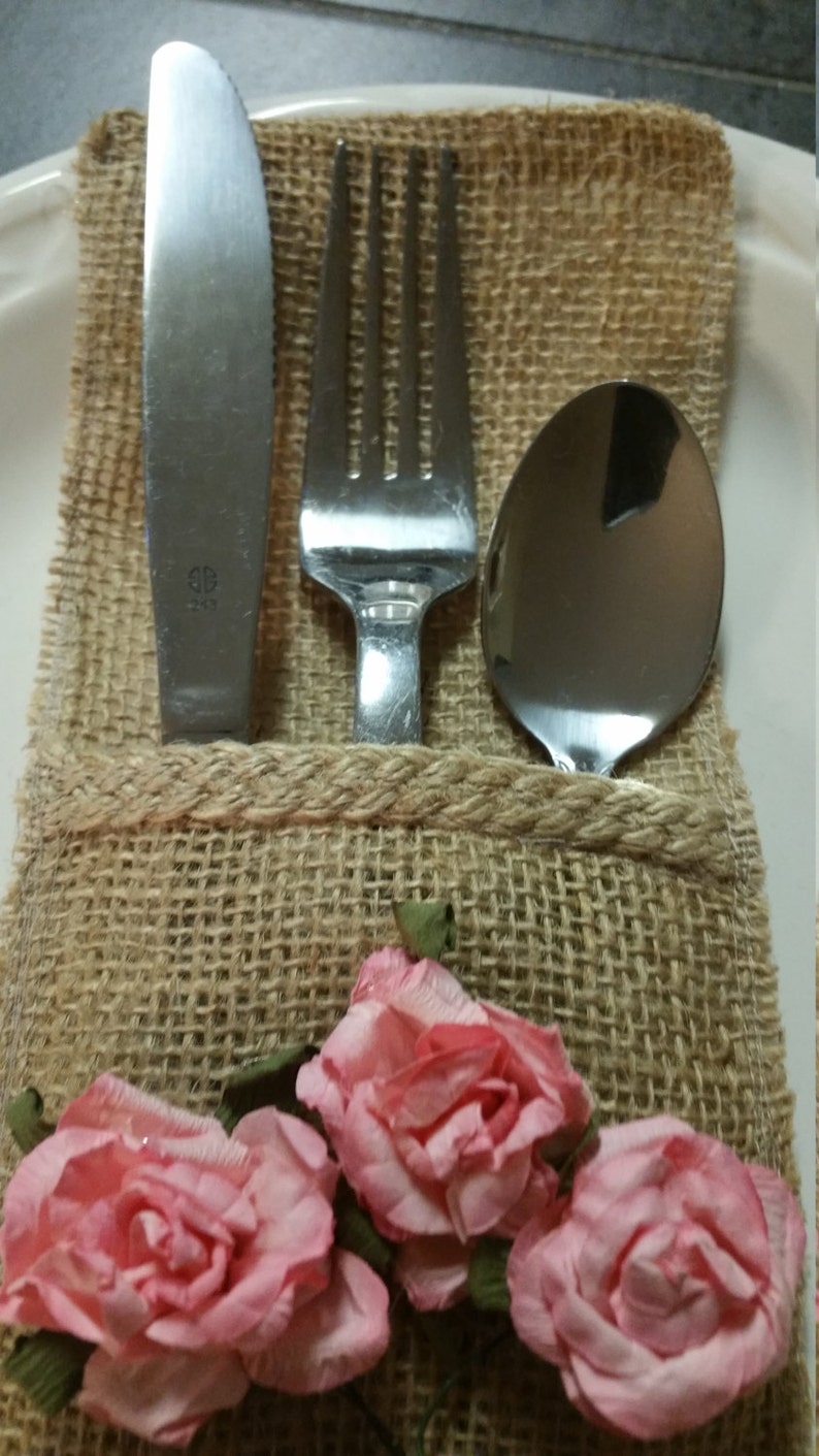 Burlap Utensil Silverware Holder With Pink Roses Etsy