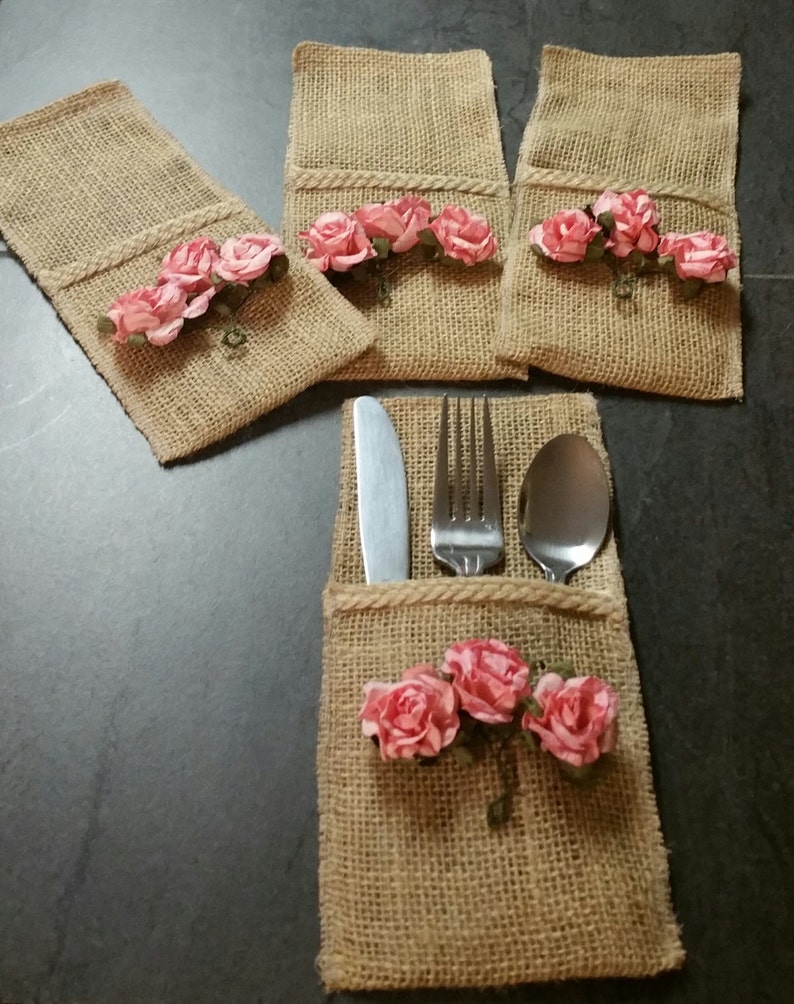 Burlap Utensil Silverware Holder With Pink Roses Etsy