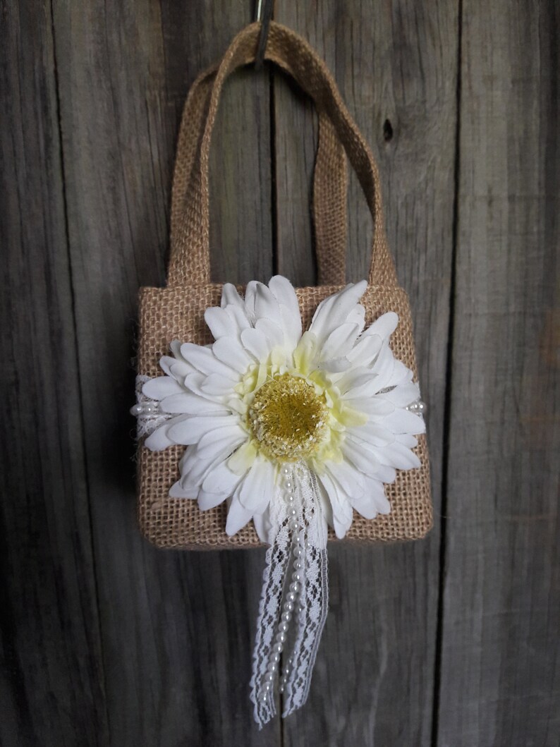 Burlap and lace flower girl basket with a sunflower boho Etsy