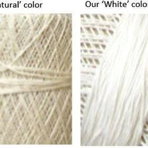 May include: Two close-up images of yarn. The left image shows a ball of yarn in a natural, off-white color. The right image displays a strand of white yarn. Both images highlight the texture and color variations of the yarn.