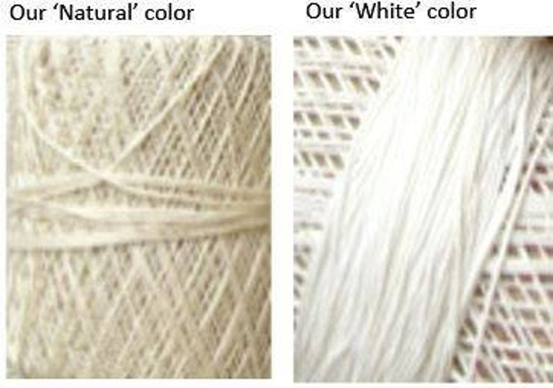 May include: Two close-up images of yarn. The left image shows a ball of yarn in a natural, off-white color. The right image displays a strand of white yarn. Both images highlight the texture and color variations of the yarn.