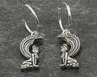 Sterling Silver Sphinx Hoop Earrings: Ancient Greek Mythology