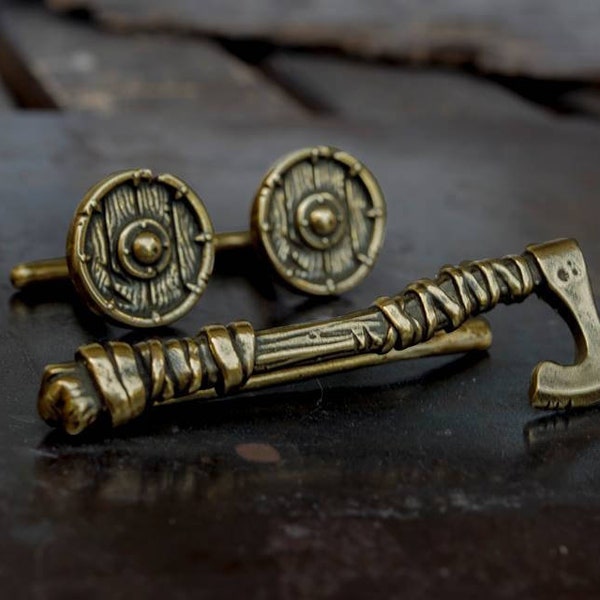 Set of Cufflinks and tie clip VIKING axe and shield