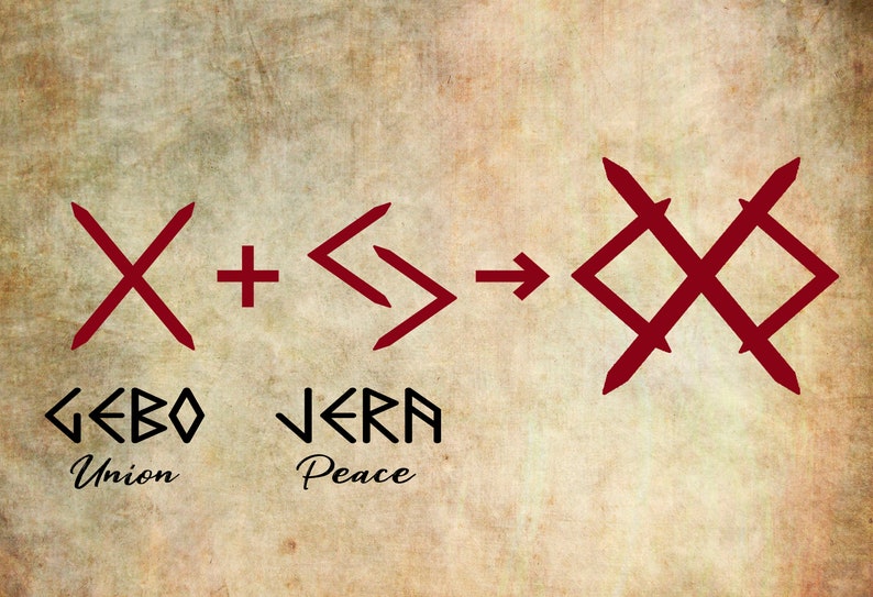 May include: Red runes on a textured beige background. The runes are labeled "Gebo" and "Jera" with the words "Union" and "Peace" below them. The runes are arranged in a row with a plus sign and an arrow between them.