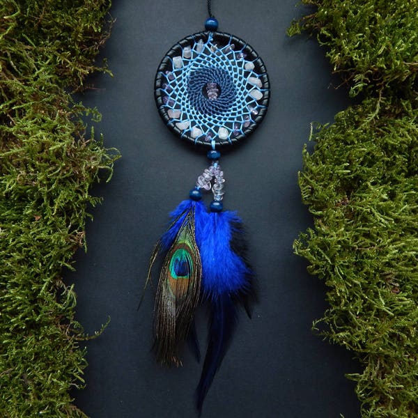 Dream catcher rear view mirror charm car decor hanging mobile pendant hippie bohemian Native American peacock feather gemstone accessory