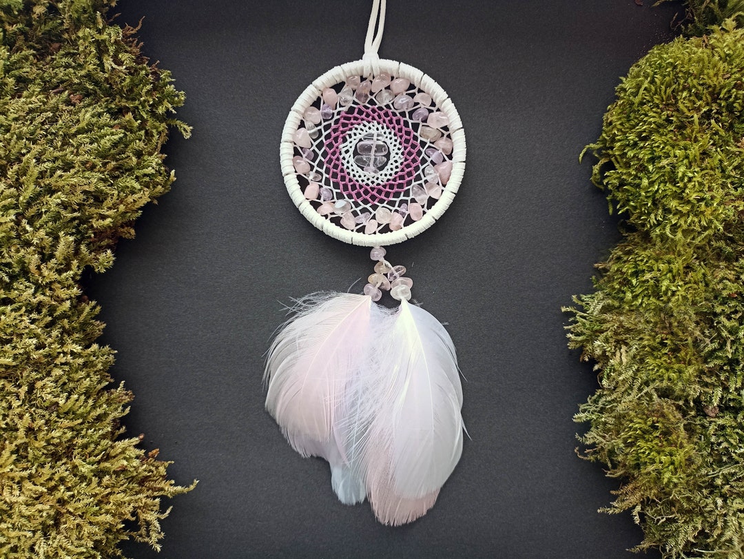 Rear View Mirror Dream Catcher Feather Rose Quartz Amethyst Etsy