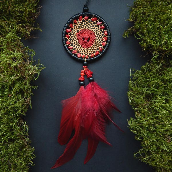 Red coral dream catcher rear view mirror charm car decor hanging mobile pendant hippie bohemian Native American feather gemstone accessory
