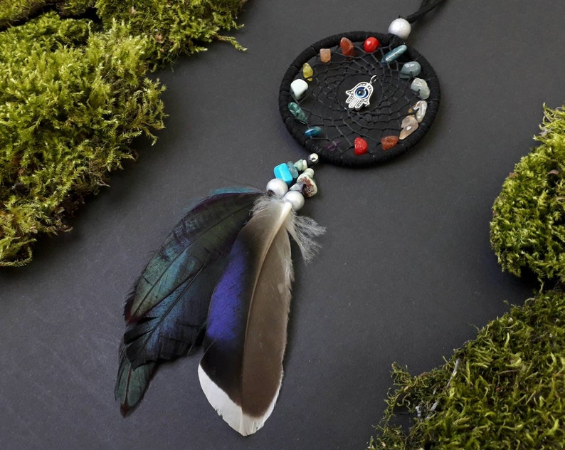 Rainbow dream catcher chakra gemstone rear view mirror charm hamsa charm pendant hippie bohemian feather accessory bedroom decor hanging