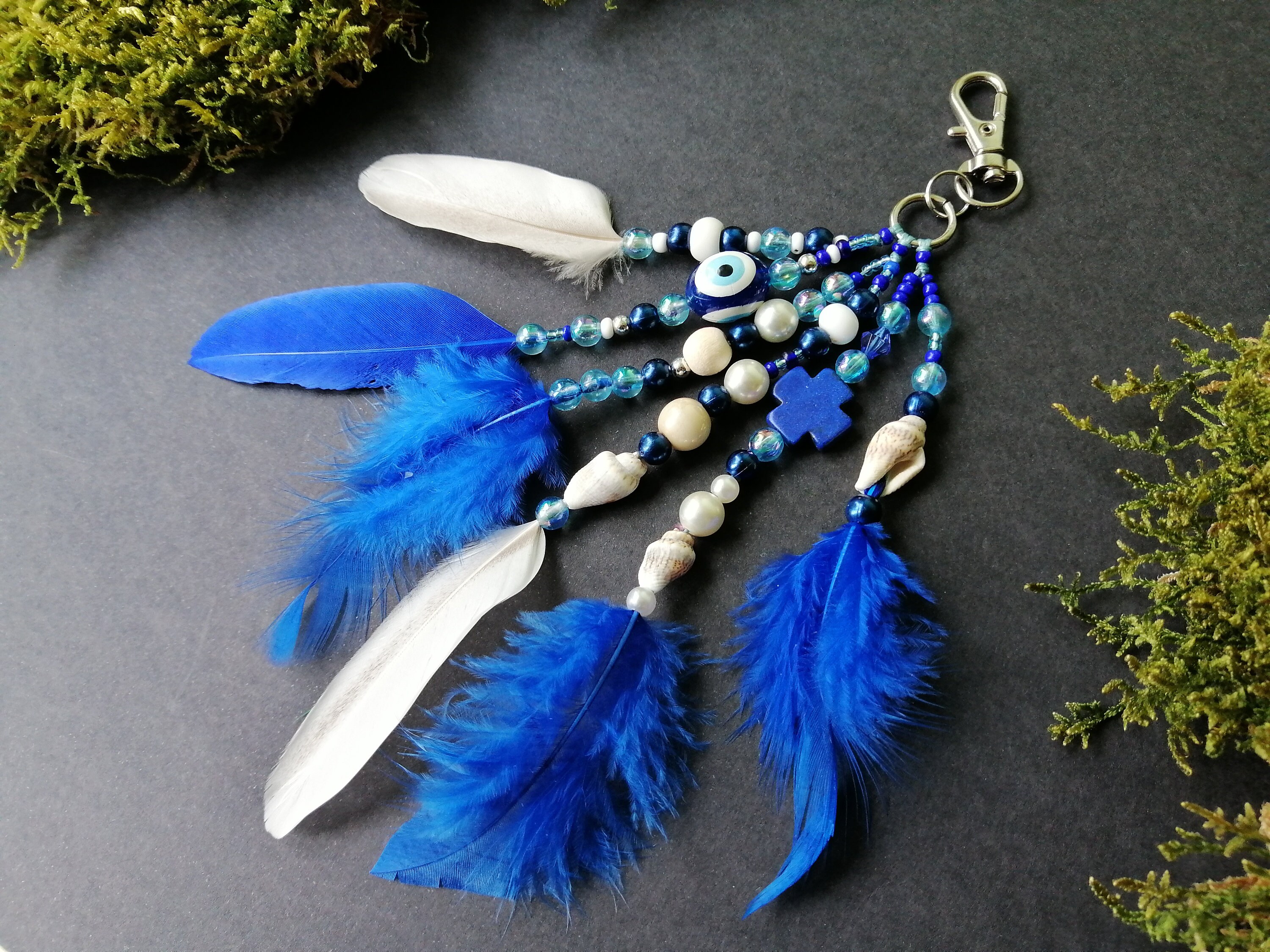 Evil Eye Key Chain Blue Feather Key Chain Beach Bag Charm Etsy