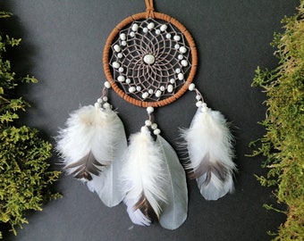 Silver white feather dreamcatcher wall hanging bohemian hippie bedroom decor kids room living room dorm wall art cute rear view mirror charm