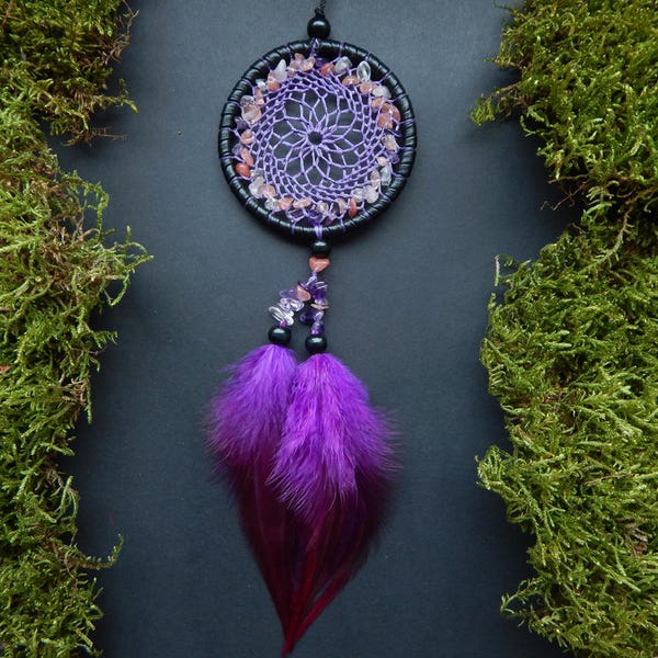 Amethyst Dream catcher rear view mirror charm quartz crystal car decor hanging pendant hippie boho Native America feather gemstone accessory