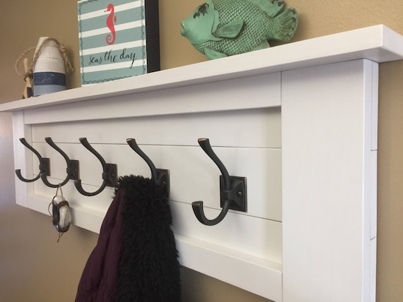 Elegant Chalked White Paint Coat Rack Rustic Wood Shelf With Hooks Modern Wooden Coat Rack Bathroom Shelf With Hooks White Farmhouse Etsy UK