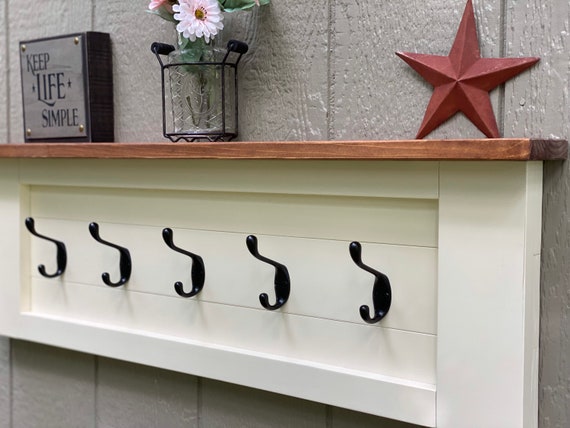 Farmhouse Coat Rack with Shelf-Rustic Stained Wooden Coat Rack-Chalked Paint- Bathroom Towel Rack-Wood Shelf With Hooks-Free Shipping