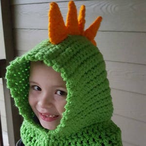 May include: A green crocheted dinosaur hood with an orange crocheted spike on top. The hood is being worn by a child.