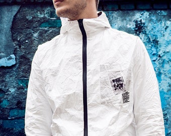 Tyvek White Jacket  -  Kurtka Damska , Kurtka Męska, Z Kapturem, Wiatroszczelna, Przeciwdeszczowa, Sportowa, Z Nadrukiem, Biała Kurtka