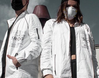 Tyvek Jacket Smog -  Kurtka Damska , Kurtka Męska, Wiatroszczelna, Przeciwdeszczowa, Wiosenna Sportowa Kurtka Z Nadrukiem, Biała Kurtka