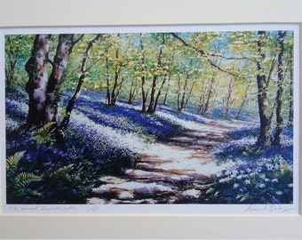 The Ancient Bluebell Path, by Andrew Bailey. Signed, limited print. Bluebell picture, Bluebell wood, Welsh art, woodland scene, wildflowers.