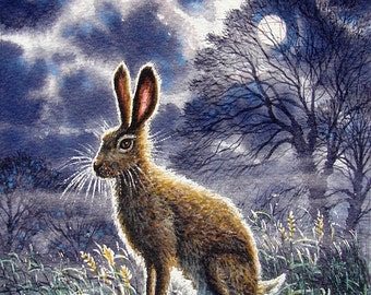 May include: A watercolour painting of a brown hare standing in tall grass under a cloudy night sky with a full moon. The hare is looking up at the moon.