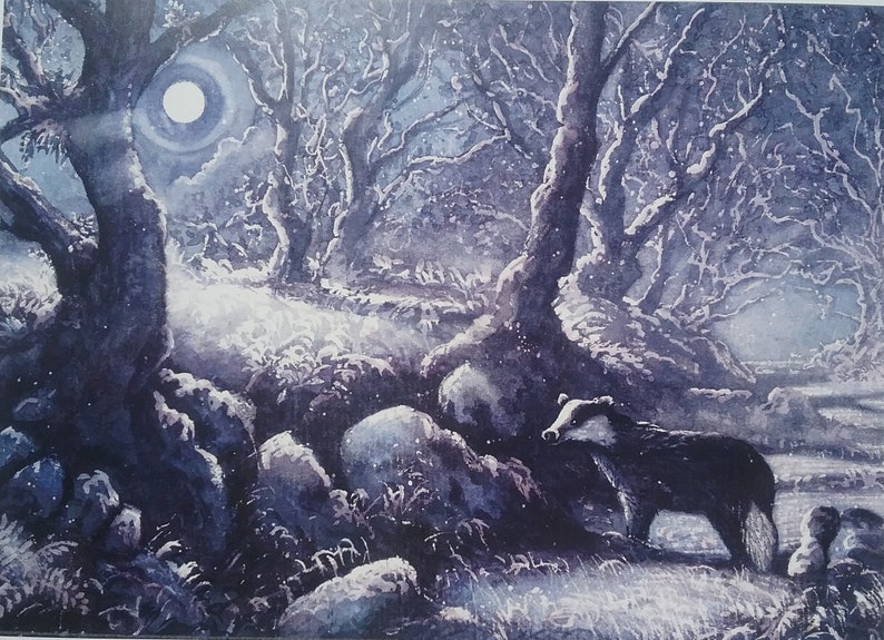 Wildlife art limited edition full Moon Signed print Badger painting Woodland trees. moonlight Welsh art Badger picture A Broc Moon