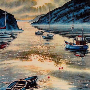 May include: A watercolour painting depicting a seascape with boats in a harbour. The water is a light blue with a golden reflection of the sun. The boats are of various sizes and shapes, and there are hills in the background.