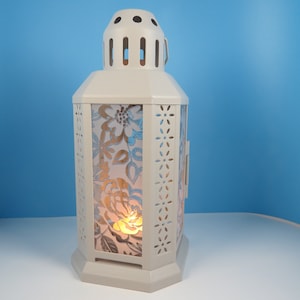 3111 - &quot;Blue Floral Lace&quot; Candle Lantern - Fused Glass Lantern with Decorated Panes