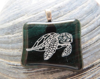 0284 - White Turtle on Green Fused Glass Pendant