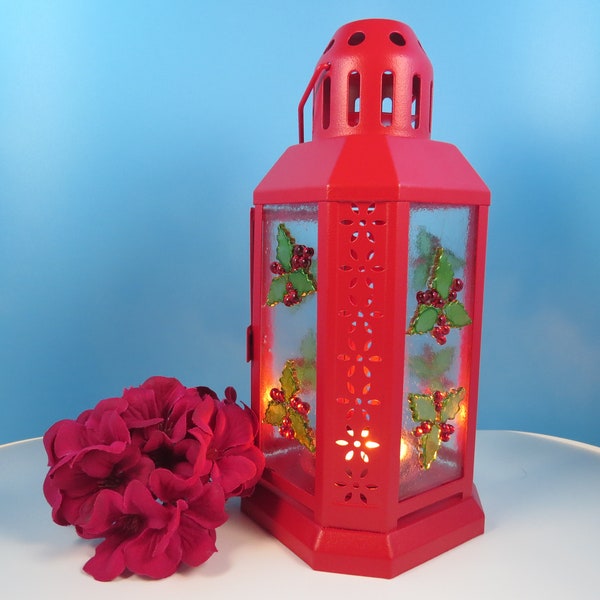 2773 - Christmas Holly Candle Lantern - Fused Glass Lantern with Hand Painted Glass Panes