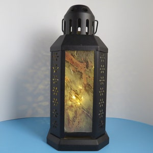 3190 - &quot;Red Marble&quot; Candle Lantern - Fused Glass Lantern with Decorated Panes