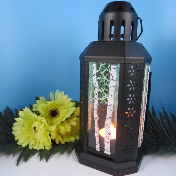 2376 - "Birch Grove" Candle Lantern - Fused Glass Lantern with Hand Painted Glass Panes