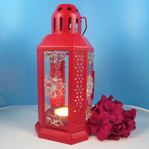 2702 - Christmas Poinsettia Candle Lantern - Fused Glass Lantern with Hand Painted Glass Panes