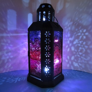 3196 - &quot;Northern Lights&quot; Candle Lantern - Fused Glass Lantern with Decorated Panes