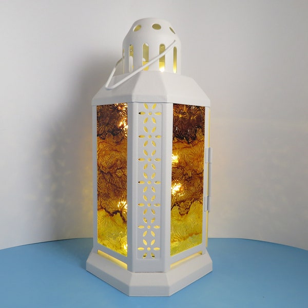 3227 - "Autumn Harvest" Candle Lantern - Fused Glass Lantern with Decorated Panes