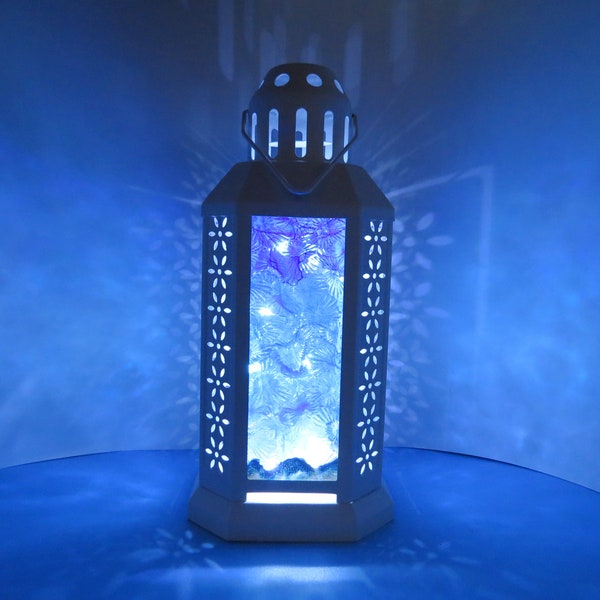 3081 - "Winter Wonderland" Candle Lantern - Fused Glass Lantern with Decorated Panes