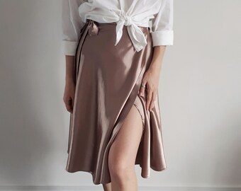 Beige Silk Satin Skirt, Bronzed wrap midi Skirt
