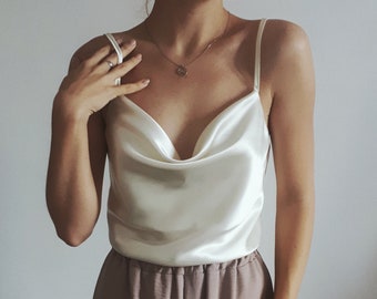 SAMPLE SALE with a small defect, Cowl neck Cream Silky Satin Cami Top