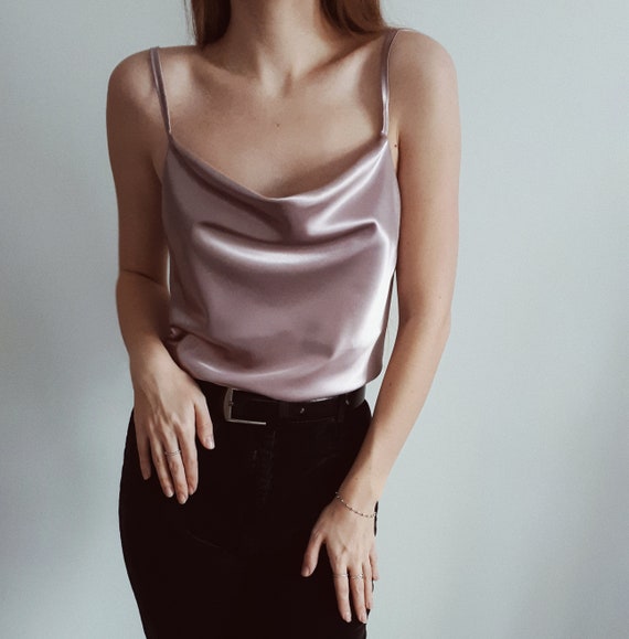 pink satin cowl neck top