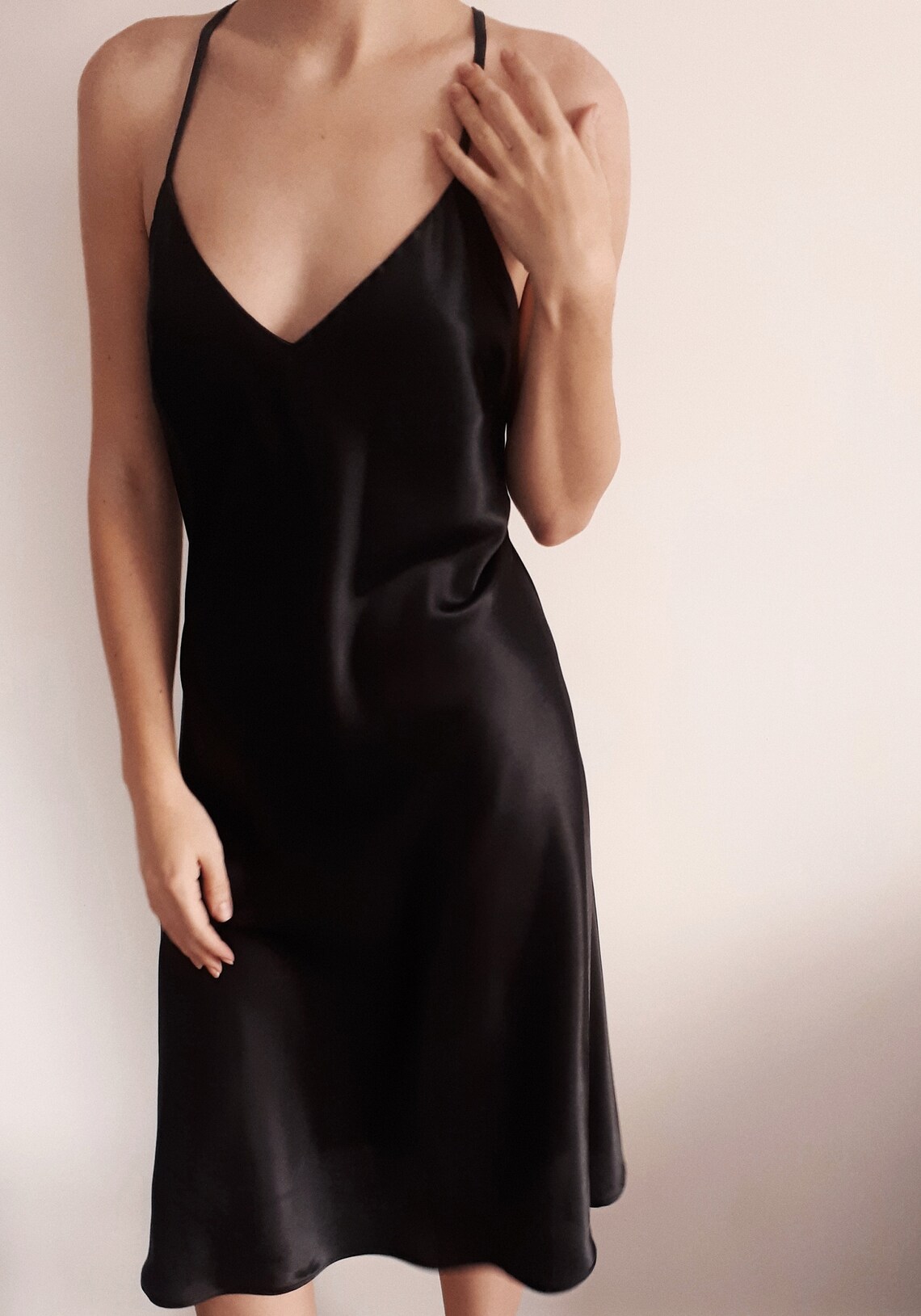 black satin slip dress midi