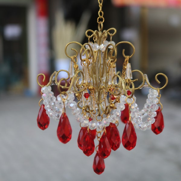 Luxe classique Mini lustre perles de cristal rouge et clair carillons éoliens suspendus gouttes bébé poupée maison jardin décor cadeaux