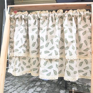 Farmhouse Kitchen Curtains – Green Botanical Print Cotton Linen Short Curtains for Cafe & Country Decor