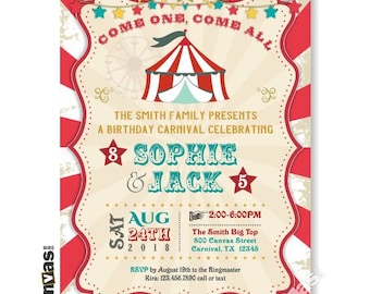Double Carnival Birthday Invitation, Carnival Invites, Carnival Theme, First 1st 2nd 3rd 4th Twins, Triplets, Joint Party Vintage Circus 494