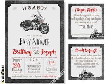MOTORCYCLE Baby Shower Invitation, Motorbike Theme Party Invite, Biker Baby, It's A Boy, Retro Bike, Digital, Printable or Printed 192