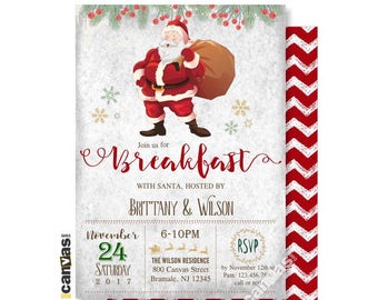 May include: Christmas-themed invitation featuring Santa Claus with a sack of toys. The invitation includes the text "Join us for Breakfast with Santa, hosted by Brittany & Wilson." Details include date, time, and RSVP information.