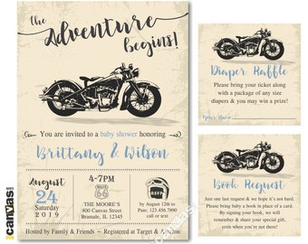 Motorcycle Baby Shower, MOTORBIKE BABY Shower Invitation, Rustic Baby Boy Shower Invites, Vintage Retro Bike, Printable or Printed 321B