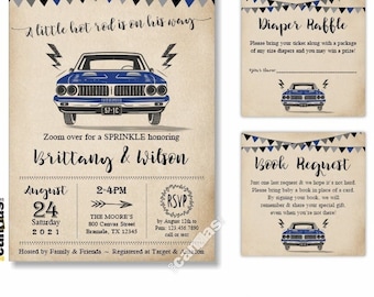 Hot Rod Baby Shower Invitation Boy, Vintage Car Baby Shower, Classic Car Sprinkle Invites, Muscle Car, Race Car Party, Virtual, Zoom 244r