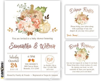 Pumpkin Baby Shower Invitation, Fall Baby Shower Invitation, Printed Invitation, Autumn Baby Shower Girl, Gender Neutral, Floral Invite 414