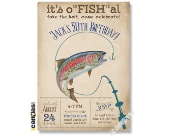 Fishing Invitation, Rainbow Trout Fish Invites, Male Fishing Themed Party, Adult Fishing for Men, Surprise Birthday, Digital, Printed 454d