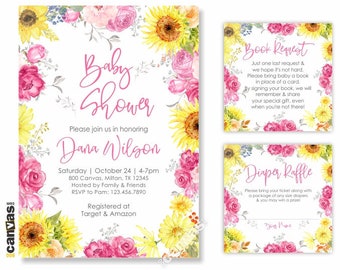 Sunflower and Roses Invitation, Spring Baby Shower Invitations, Floral Baby Girl Shower Invites, Sunflower And Pink Roses Invitation 413P