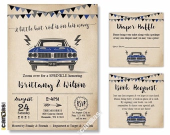 Hot Rod Baby Shower Invitation Boy, Vintage Car Baby Shower, Classic Car Sprinkle Invites, Muscle Car, Race Car Party, Virtual, Zoom 244r