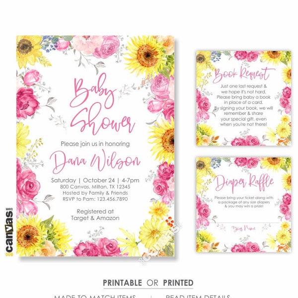 Sunflower and Roses Invitation, Spring Baby Shower Invitations, Floral Baby Girl Shower Invites, Sunflower And Pink Roses Invitation 413P